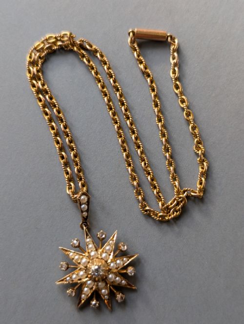 VICTORIAN 15CT GOLD DIAMOND PEARL STAR PENDANT AND CHAIN - ADDITIONAL PHOTO 11