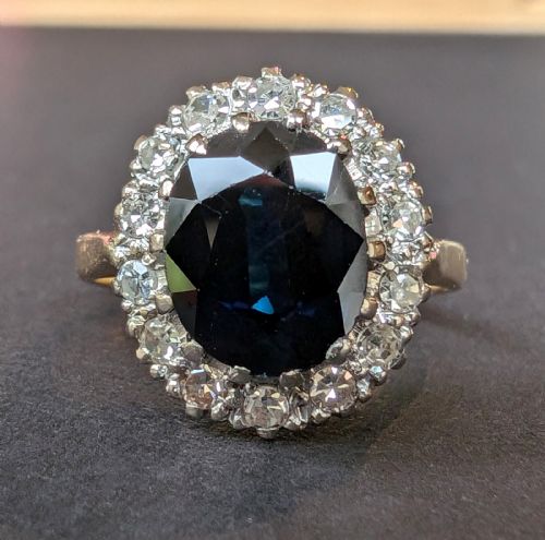 large vintage 18ct gold sapphire diamond engagement ring c1966 - CATEGORY: ANTIQUE JEWELLERY - DATED 1960