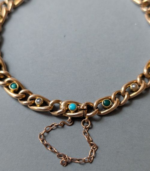 VICTORIAN 15CT GOLD TURQUOISE PEARL CHAIN BRACELET - ADDITIONAL PHOTO 1