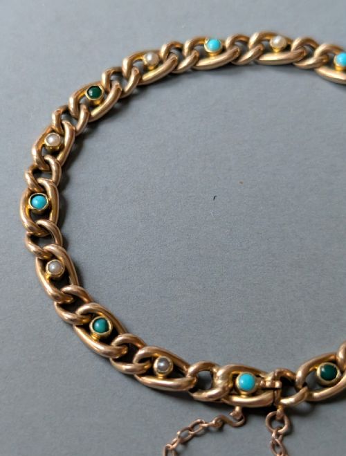VICTORIAN 15CT GOLD TURQUOISE PEARL CHAIN BRACELET - ADDITIONAL PHOTO 2