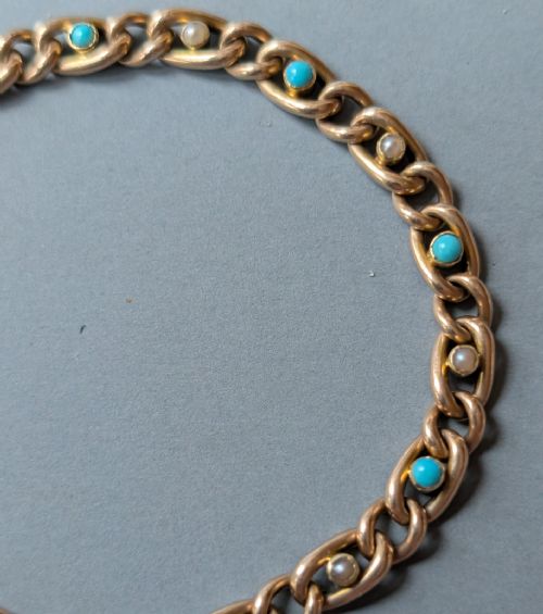VICTORIAN 15CT GOLD TURQUOISE PEARL CHAIN BRACELET - ADDITIONAL PHOTO 3