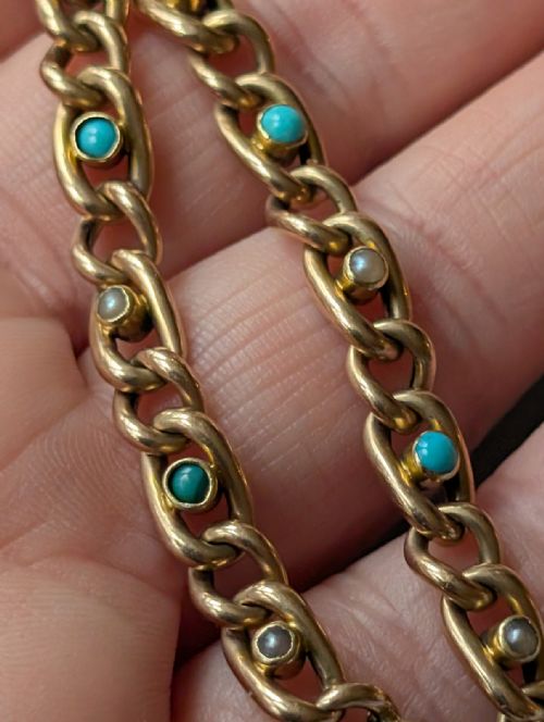 VICTORIAN 15CT GOLD TURQUOISE PEARL CHAIN BRACELET - ADDITIONAL PHOTO 6