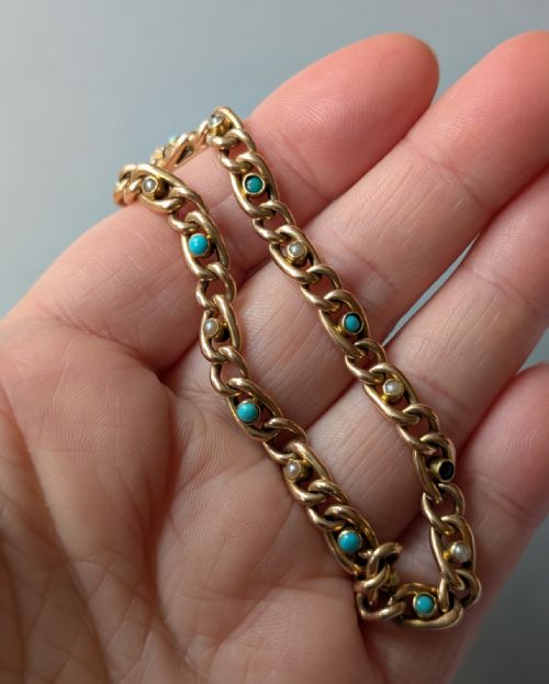 VICTORIAN 15CT GOLD TURQUOISE PEARL CHAIN BRACELET - ADDITIONAL PHOTO 7