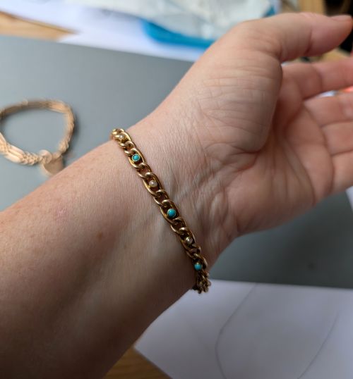 VICTORIAN 15CT GOLD TURQUOISE PEARL CHAIN BRACELET - ADDITIONAL PHOTO 8