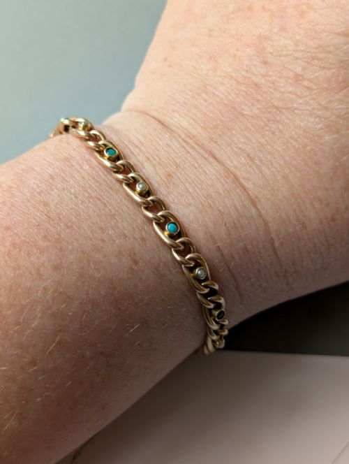 VICTORIAN 15CT GOLD TURQUOISE PEARL CHAIN BRACELET - ADDITIONAL PHOTO 9