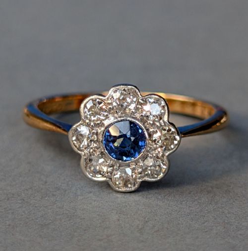 ART DECO 18CT GOLD PLATINUM SAPPHIRE DAISY DIAMOND RING - ADDITIONAL PHOTO 2