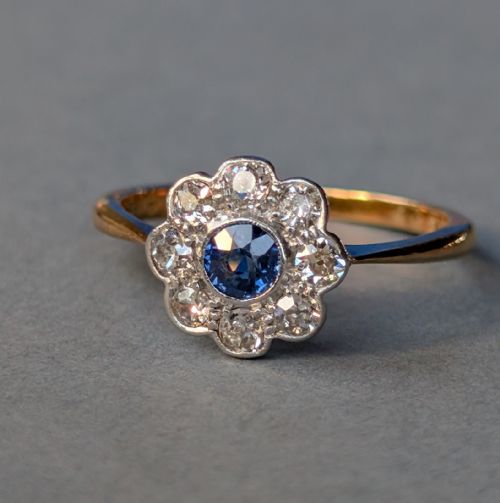 ART DECO 18CT GOLD PLATINUM SAPPHIRE DAISY DIAMOND RING - ADDITIONAL PHOTO 3