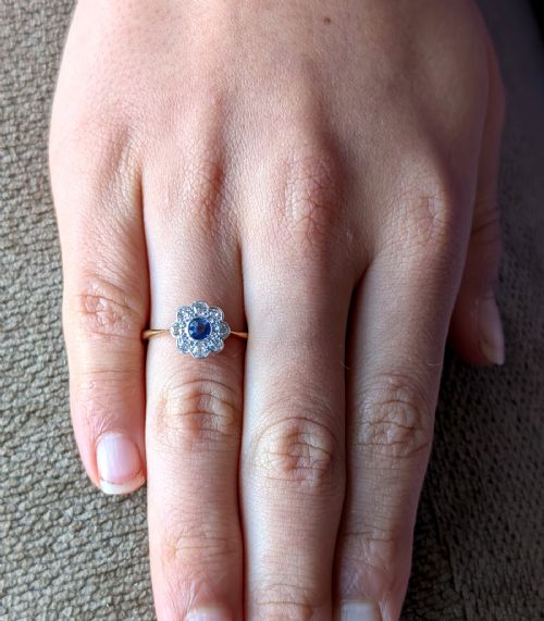 ART DECO 18CT GOLD PLATINUM SAPPHIRE DAISY DIAMOND RING - ADDITIONAL PHOTO 8