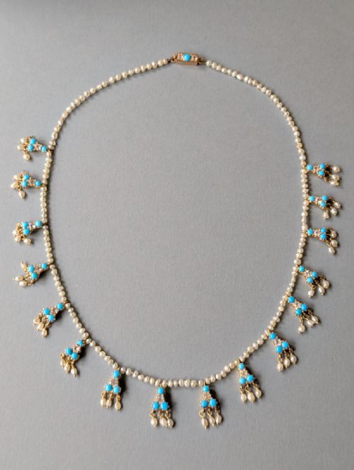 VICTORIAN 18CT GOLD PEARL WHITE SAPPHIRE AND TURQUOISE NECKLACE - ADDITIONAL PHOTO 1