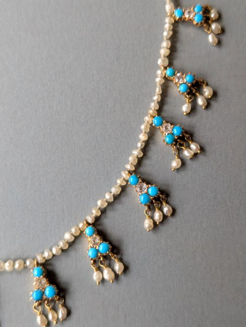 VICTORIAN 18CT GOLD PEARL WHITE SAPPHIRE AND TURQUOISE NECKLACE - ADDITIONAL PHOTO 2