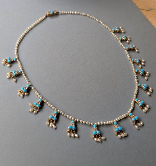 VICTORIAN 18CT GOLD PEARL WHITE SAPPHIRE AND TURQUOISE NECKLACE - ADDITIONAL PHOTO 4