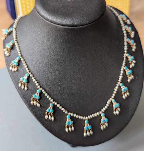 VICTORIAN 18CT GOLD PEARL WHITE SAPPHIRE AND TURQUOISE NECKLACE - ADDITIONAL PHOTO 6