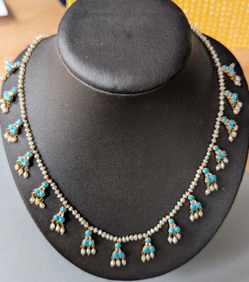 VICTORIAN 18CT GOLD PEARL WHITE SAPPHIRE AND TURQUOISE NECKLACE - ADDITIONAL PHOTO 7