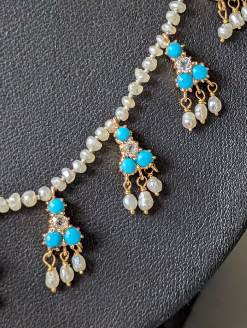 VICTORIAN 18CT GOLD PEARL WHITE SAPPHIRE AND TURQUOISE NECKLACE - ADDITIONAL PHOTO 8