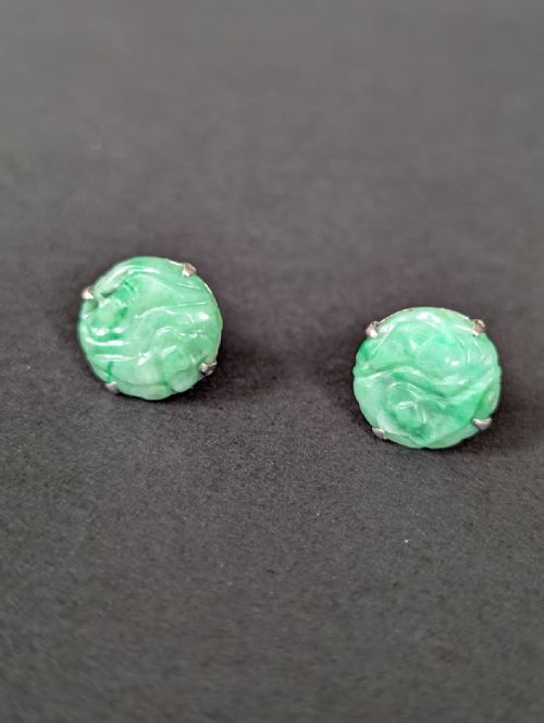 VINTAGE 18CT GOLD NATURAL JADE STUD EARRINGS - ADDITIONAL PHOTO 5