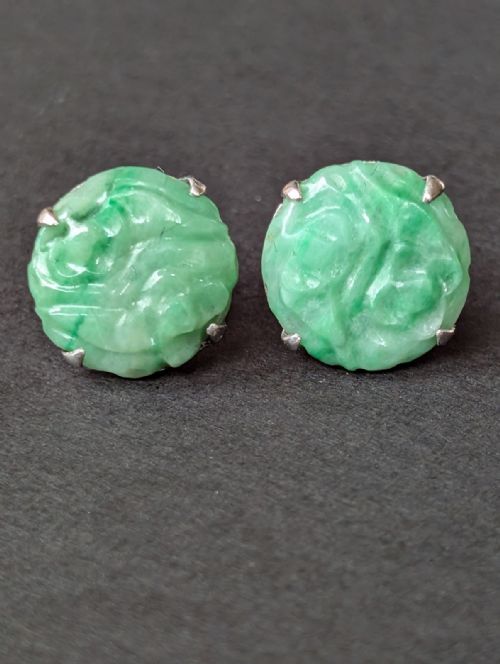 VINTAGE 18CT GOLD NATURAL JADE STUD EARRINGS - ADDITIONAL PHOTO 8