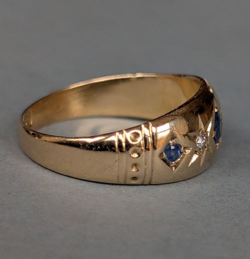 ANTIQUE HEAVY 18CT GOLD SAPPHIRE DIAMOND GYPSY RING C1914 - ADDITIONAL PHOTO 2
