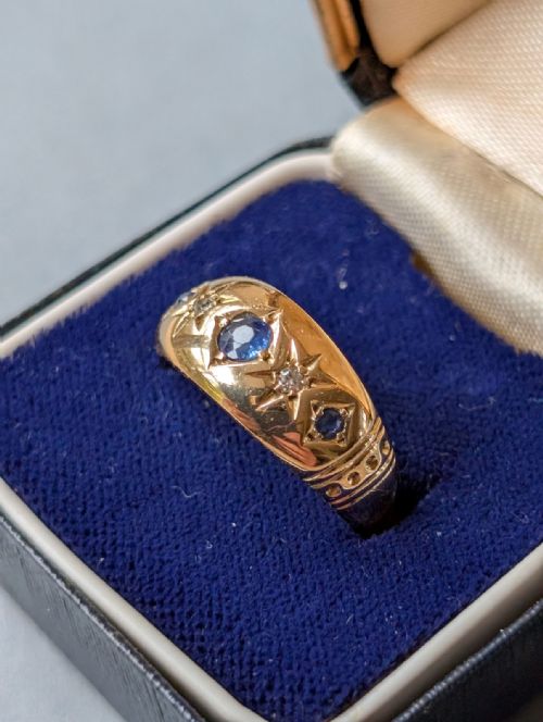 ANTIQUE HEAVY 18CT GOLD SAPPHIRE DIAMOND GYPSY RING C1914 - ADDITIONAL PHOTO 7