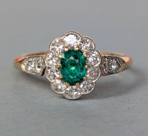 antique edwardian 18ct gold emerald diamond ring - CATEGORY: ANTIQUE JEWELLERY - DATED EDWARDIAN