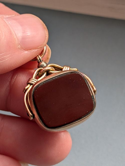 ANTIQUE 9CT GOLD SPINNING FOB BLOODSTONE CARNELIAN - ADDITIONAL PHOTO 10