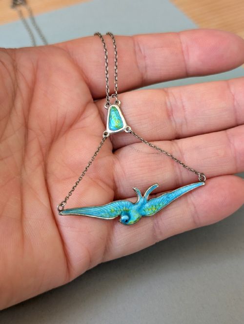 CHARLES HORNER SILVER ENAMEL BIRD PENDANT NECKLACE CHESTER 1911 - ADDITIONAL PHOTO 5