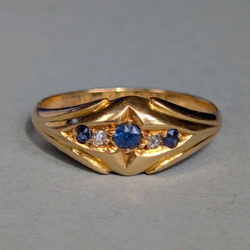 ANTIQUE 18CT GOLD SAPPHIRE DIAMOND GYPSY RING C1942 - ADDITIONAL PHOTO 1
