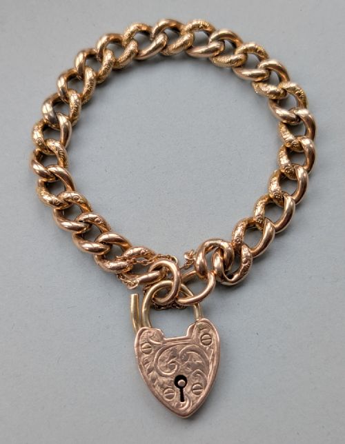 victorian engraved 9ct rose gold curb chain heart padlock bracelet 17g - CATEGORY: ANTIQUE JEWELLERY - DATED VICTORIAN