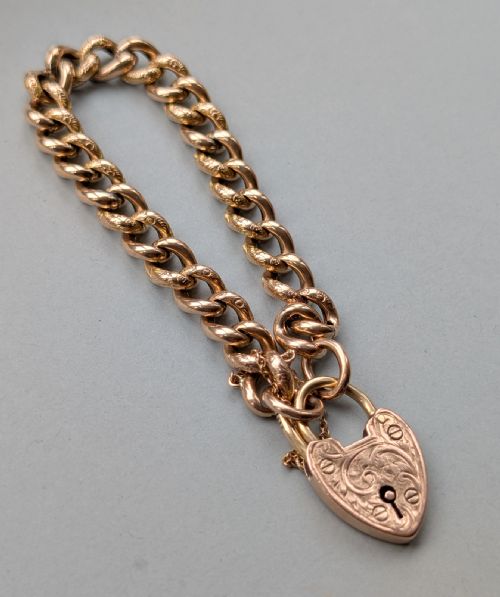 VICTORIAN ENGRAVED 9CT ROSE GOLD CURB CHAIN HEART PADLOCK BRACELET 17G - ADDITIONAL PHOTO 3