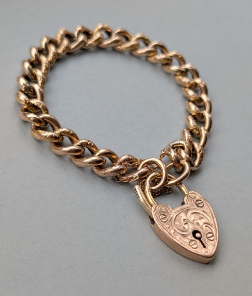VICTORIAN ENGRAVED 9CT ROSE GOLD CURB CHAIN HEART PADLOCK BRACELET 17G - ADDITIONAL PHOTO 5