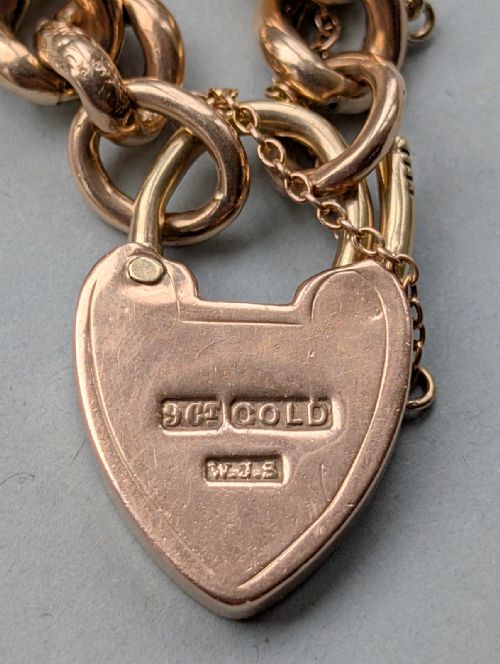 VICTORIAN ENGRAVED 9CT ROSE GOLD CURB CHAIN HEART PADLOCK BRACELET 17G - ADDITIONAL PHOTO 7