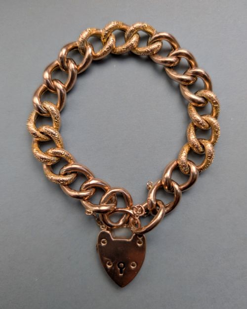 ANTIQUE HEAVY 9CT ROSE GOLD CURB CHAIN HEART PADLOCK BRACELET 24G - ADDITIONAL PHOTO 2