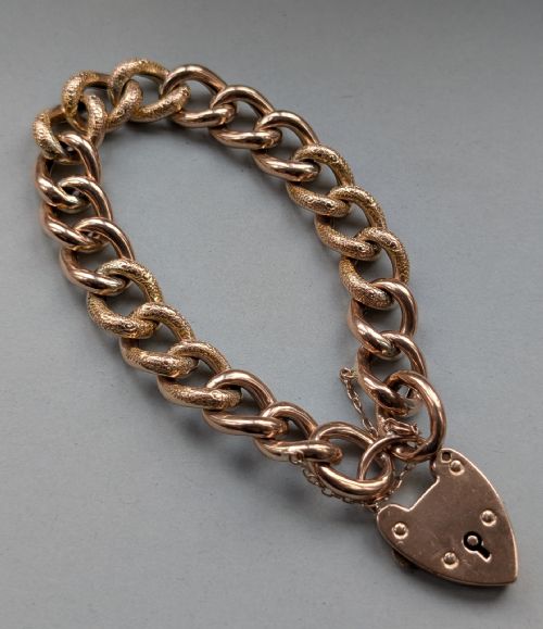 ANTIQUE HEAVY 9CT ROSE GOLD CURB CHAIN HEART PADLOCK BRACELET 24G - ADDITIONAL PHOTO 3