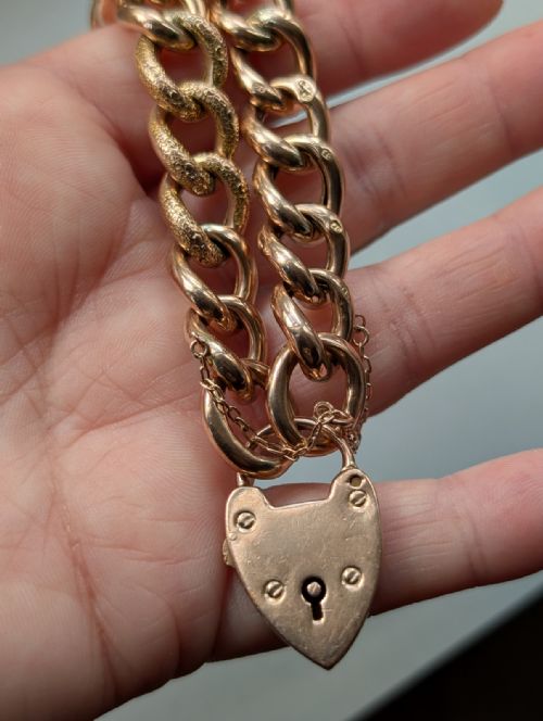 ANTIQUE HEAVY 9CT ROSE GOLD CURB CHAIN HEART PADLOCK BRACELET 24G - ADDITIONAL PHOTO 4