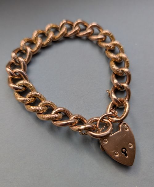 ANTIQUE HEAVY 9CT ROSE GOLD CURB CHAIN HEART PADLOCK BRACELET 24G - ADDITIONAL PHOTO 5