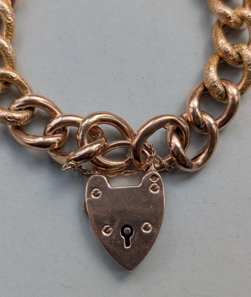 ANTIQUE HEAVY 9CT ROSE GOLD CURB CHAIN HEART PADLOCK BRACELET 24G - ADDITIONAL PHOTO 7
