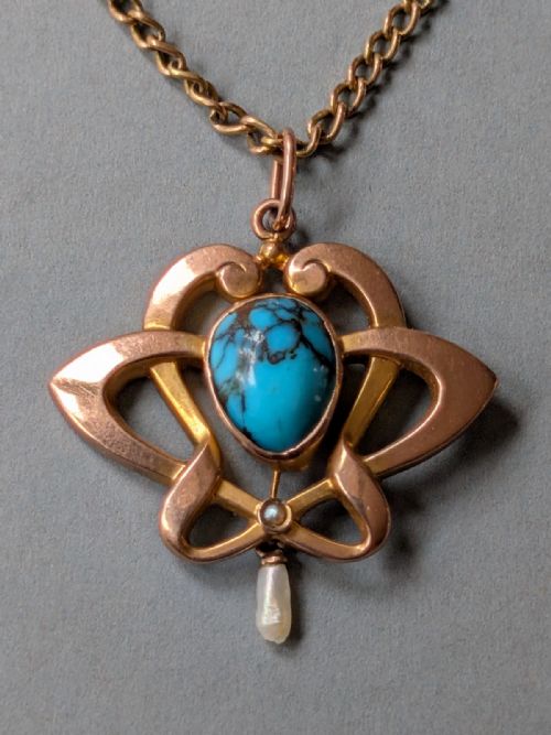 antique 9ct gold turquoise art nouveau pendant - CATEGORY: ANTIQUE JEWELLERY - DATED 1900