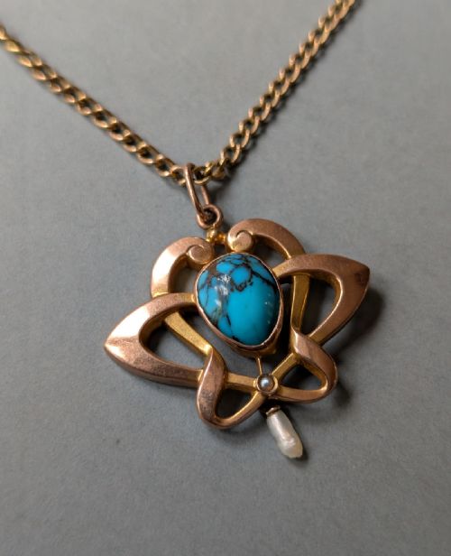 ANTIQUE 9CT GOLD TURQUOISE ART NOUVEAU PENDANT - ADDITIONAL PHOTO 1
