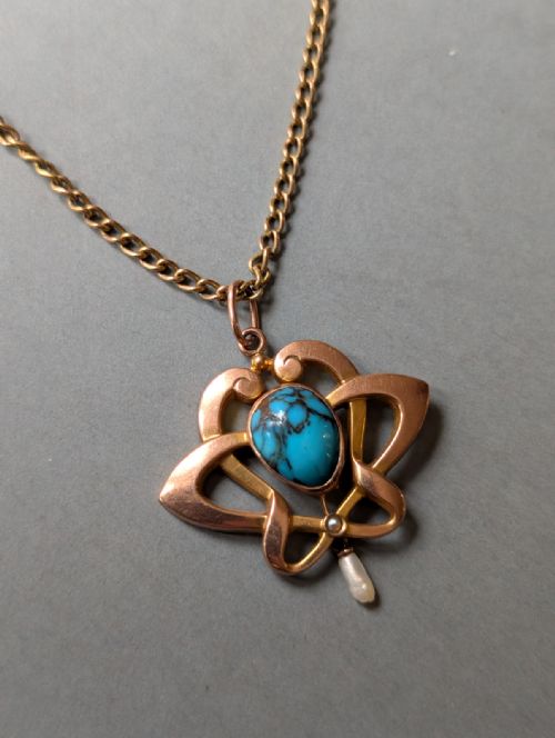 ANTIQUE 9CT GOLD TURQUOISE ART NOUVEAU PENDANT - ADDITIONAL PHOTO 2