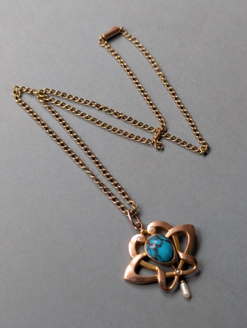 ANTIQUE 9CT GOLD TURQUOISE ART NOUVEAU PENDANT - ADDITIONAL PHOTO 3