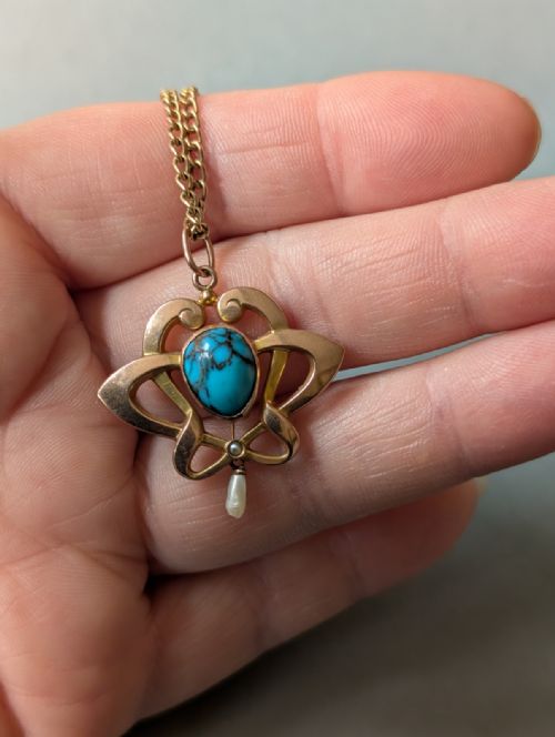ANTIQUE 9CT GOLD TURQUOISE ART NOUVEAU PENDANT - ADDITIONAL PHOTO 4