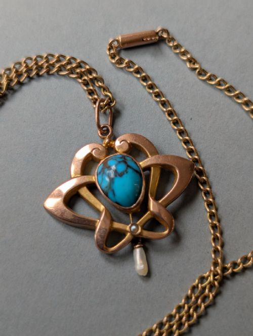 ANTIQUE 9CT GOLD TURQUOISE ART NOUVEAU PENDANT - ADDITIONAL PHOTO 5