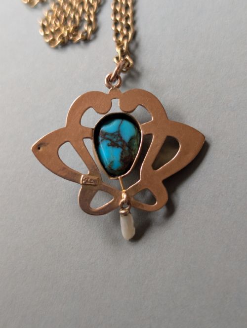 ANTIQUE 9CT GOLD TURQUOISE ART NOUVEAU PENDANT - ADDITIONAL PHOTO 6