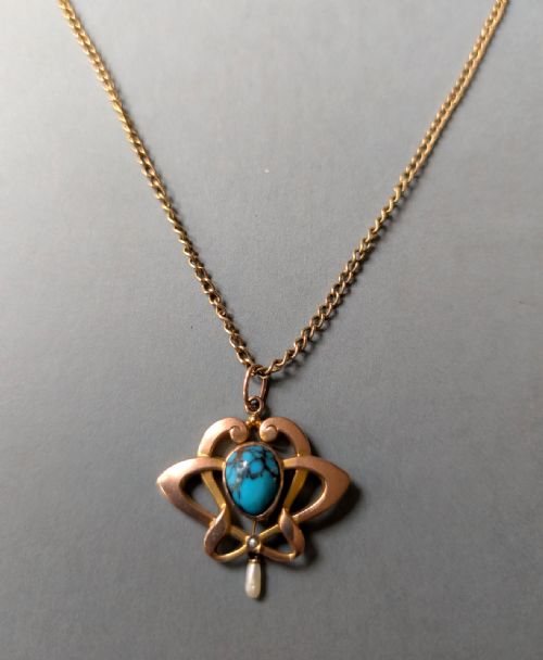 ANTIQUE 9CT GOLD TURQUOISE ART NOUVEAU PENDANT - ADDITIONAL PHOTO 7