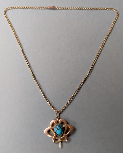 ANTIQUE 9CT GOLD TURQUOISE ART NOUVEAU PENDANT - ADDITIONAL PHOTO 8