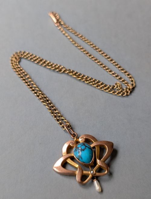 ANTIQUE 9CT GOLD TURQUOISE ART NOUVEAU PENDANT - ADDITIONAL PHOTO 9