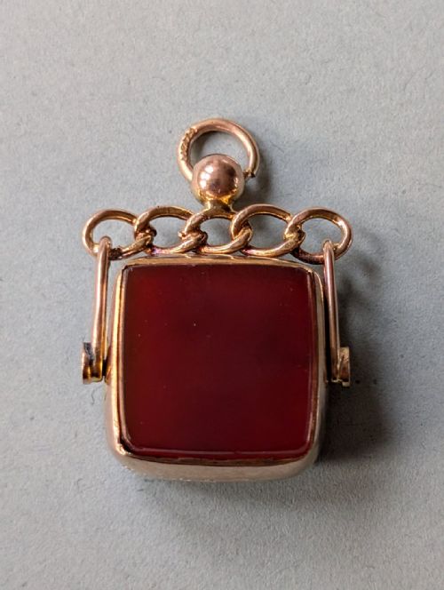 ANTIQUE 9CT GOLD SPINNING FOB BLOODSTONE CARNELIAN CHESTER 1914 - ADDITIONAL PHOTO 3