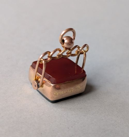 ANTIQUE 9CT GOLD SPINNING FOB BLOODSTONE CARNELIAN CHESTER 1914 - ADDITIONAL PHOTO 5