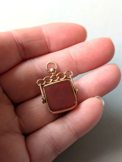 ANTIQUE 9CT GOLD SPINNING FOB BLOODSTONE CARNELIAN CHESTER 1914 - ADDITIONAL PHOTO 9