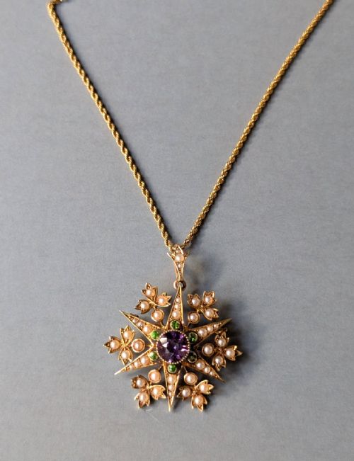 SUFFRAGETTE PENDANT 15CT GOLD PERIDOT AMETHYST PEARL - ADDITIONAL PHOTO 1