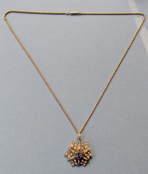 SUFFRAGETTE PENDANT 15CT GOLD PERIDOT AMETHYST PEARL - ADDITIONAL PHOTO 2